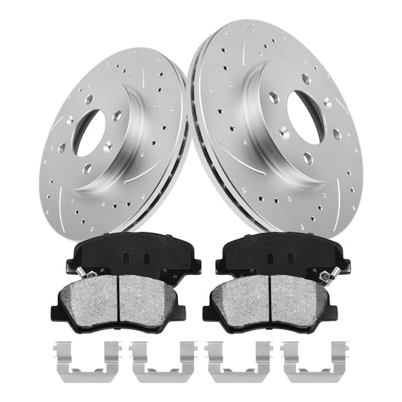 Aurogenix -Front Brake Kit for 2012-2017 Hyundai Accent Kia Rio Drilled & Slotted Brakes Rotors Ceramic Brake Pads 2013 2014 2015 2016 Replacement:10 inch Rotors