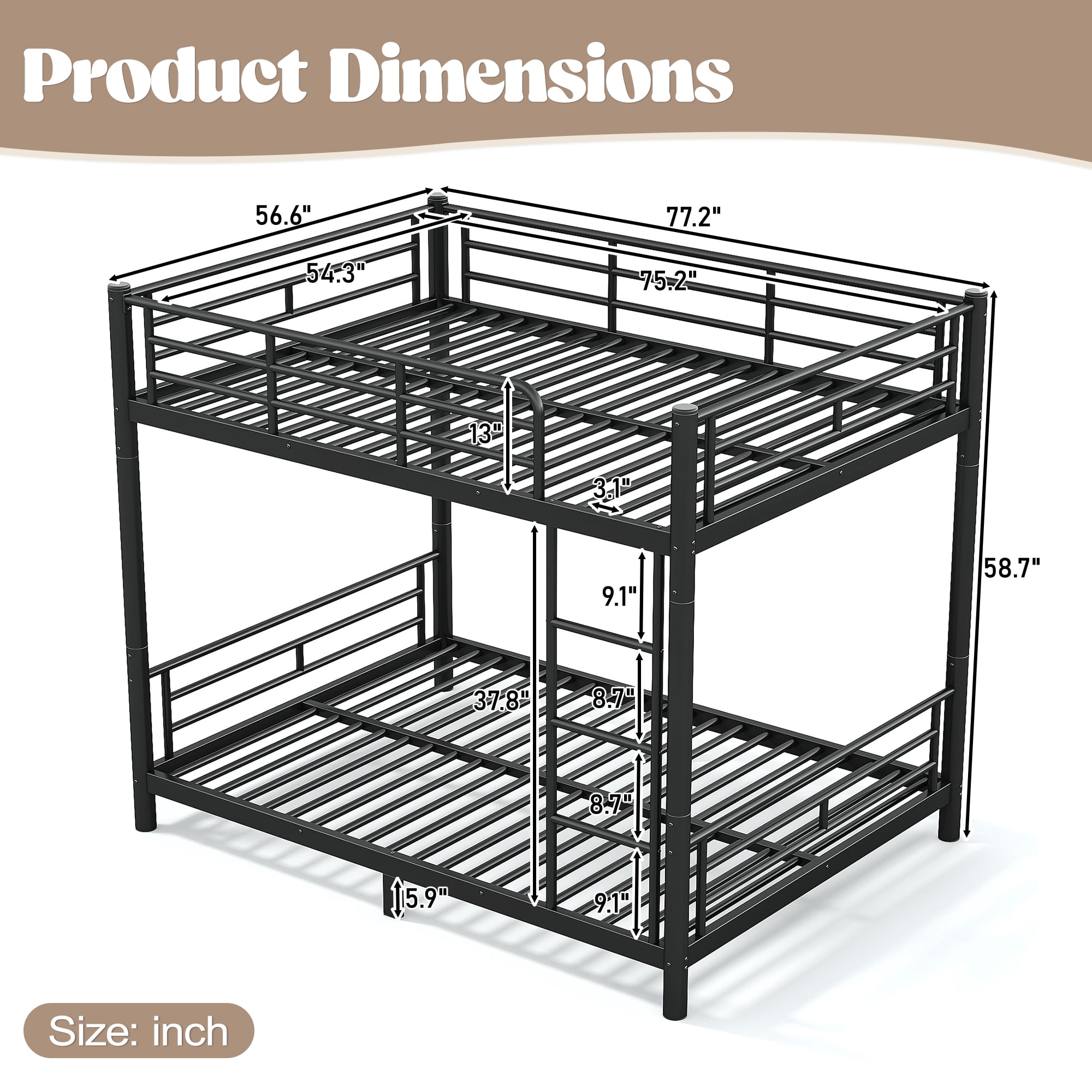 Full Metal Bunk Bed Converts to 2 Beds, Space-Saving Convertible Bed Frame for Teens Adults, No Box Spring, Black