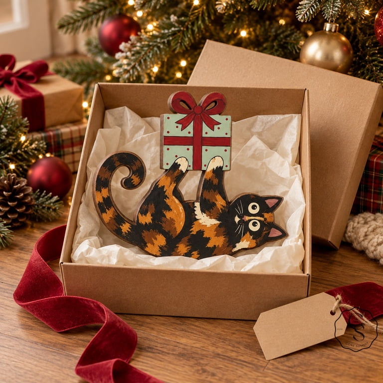 3-Layer Wooden Block Tortoiseshell Cat with Christmas Present Shelf ...