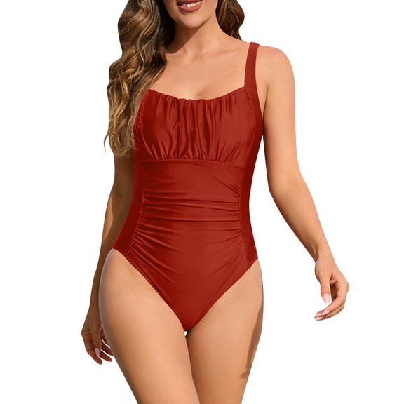 Erwazi Women's Solid Ruched One Piece Swimsuit Tummy Control Slimming Beach Wear