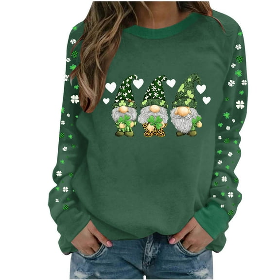 St Patricks Day Sweatshirt Women, Long Sleeve Crewneck Womens Pullover Holiday Tops Lucky Shamrock Raglan Shirts (XL, Green|Gnomes)