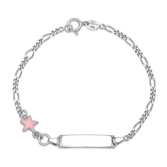 Sterling Silver 925 ID Bracelet Girls Pink Star Figaro Chain Enamel 6.5" Italy