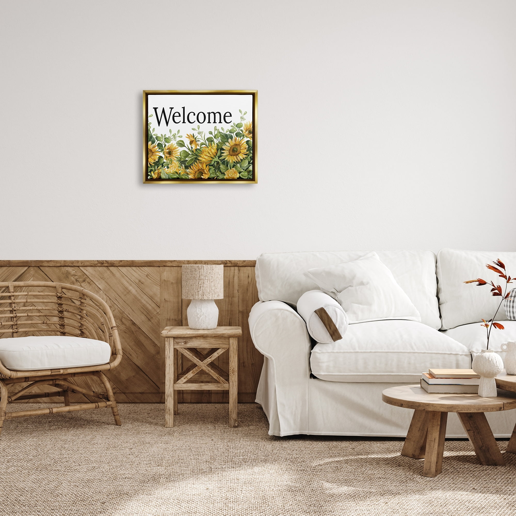 Stupell Industries Welcome Typography Sign Blooming Sunflower Field Graphic Art Metallic Gold Floating Framed Canvas Print Wall Art, Design by Cindy Jacobs