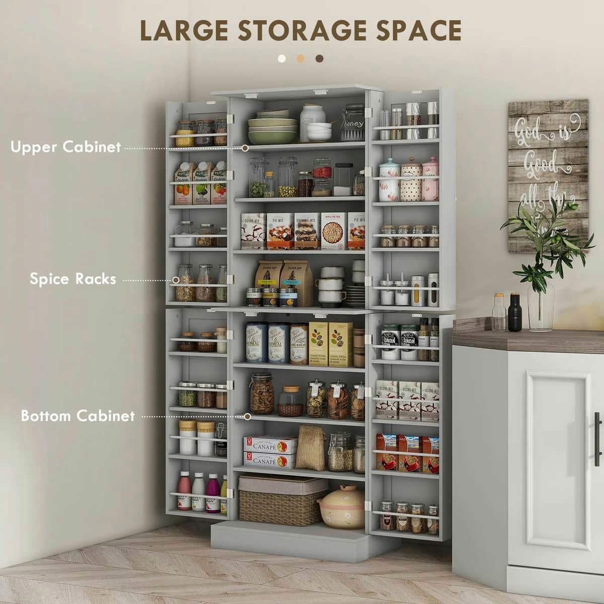 Spaco 65" Kitchen Cabinet, Kitchen Pantry Cabinet with 4 Doors and 16 Door Shelves, Storage Cabinet for Indoor as Dining Room, Gray