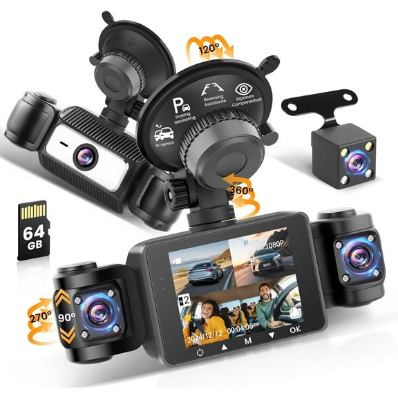 Rimoody 4 Channel Dash Cam Car Front Rear 1080P Cameras, 360° Rotatable Front Rear Interior Left Right Dash Cam with 64GB SD Card, Super Night Vision, Parking Monitoring, Loop Recording, 2.4 Inch