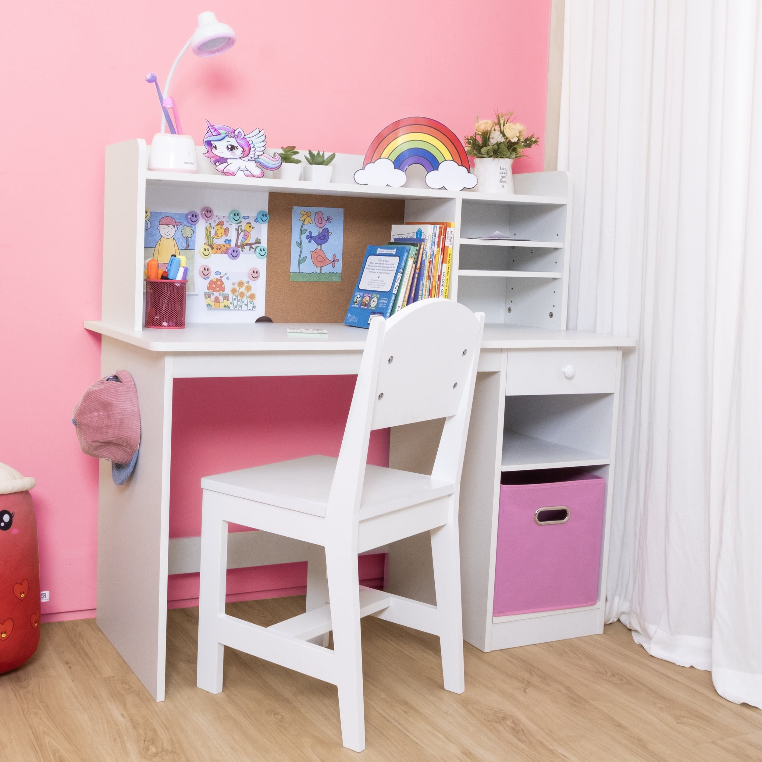 HappyHomePicks Wooden Kids Study Desk and Chair Set with Hutch and Storage, White