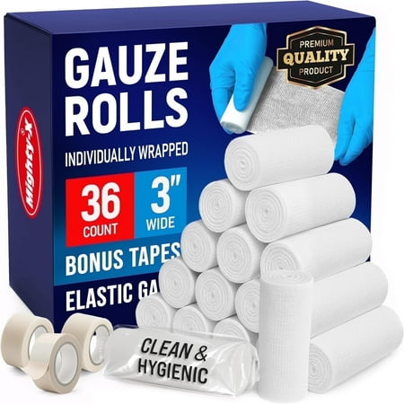 Premium Gauze Rolls - 36 Pack - 3" x 4.1yd First Aid Rolled Gauze - Individually Wrapped with 2 Bonus Tapes - Breathable Conforming Stretch Wrap for Wounds
