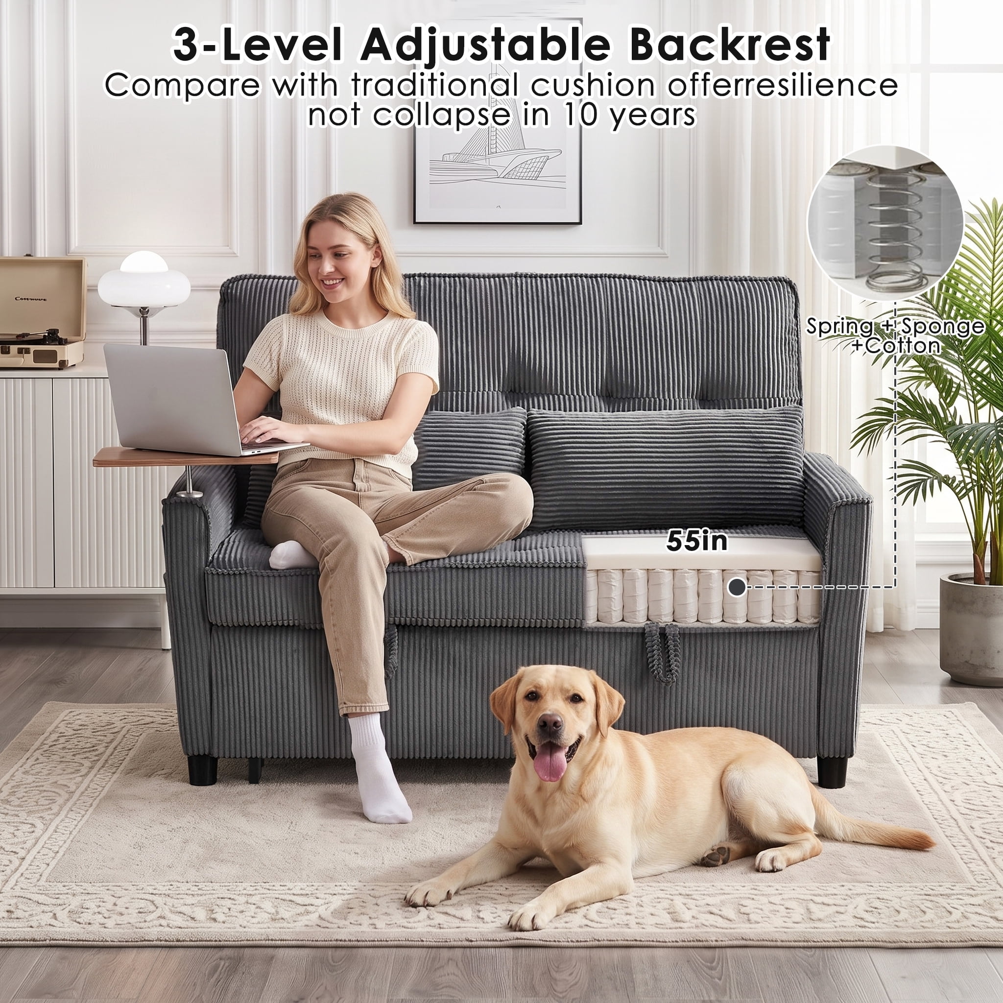 AISWORD 55" 3-in-1 Convertible Sleeper Sofa Bed, Pull Out Loveseat Couch with Side Tray Table & USB Charging Port, Adjustable Backrest Sofa for Apartment, Bedroom, Office, Dark Gray