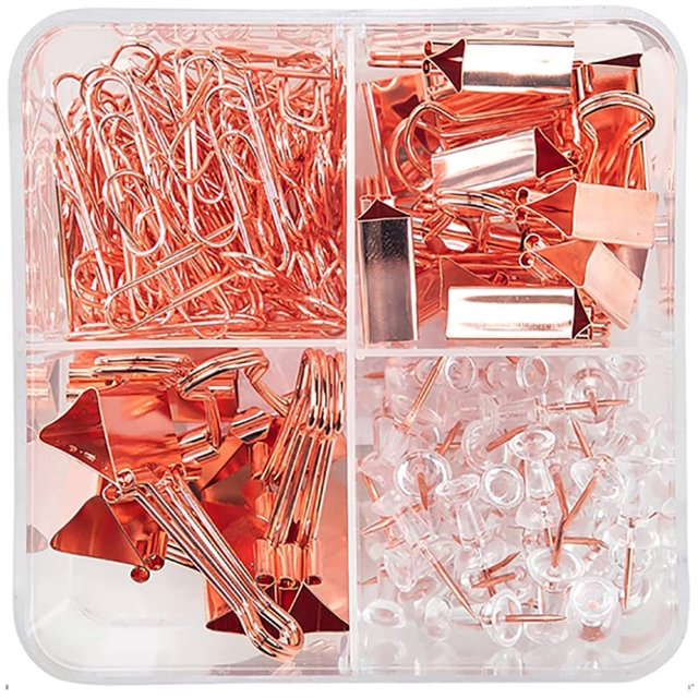 Clips para carpetas, clips de papel, juegos de chinchetas con caja para suministros de oficina, escuela y hogar (oro rosa) Namotu HMYH441