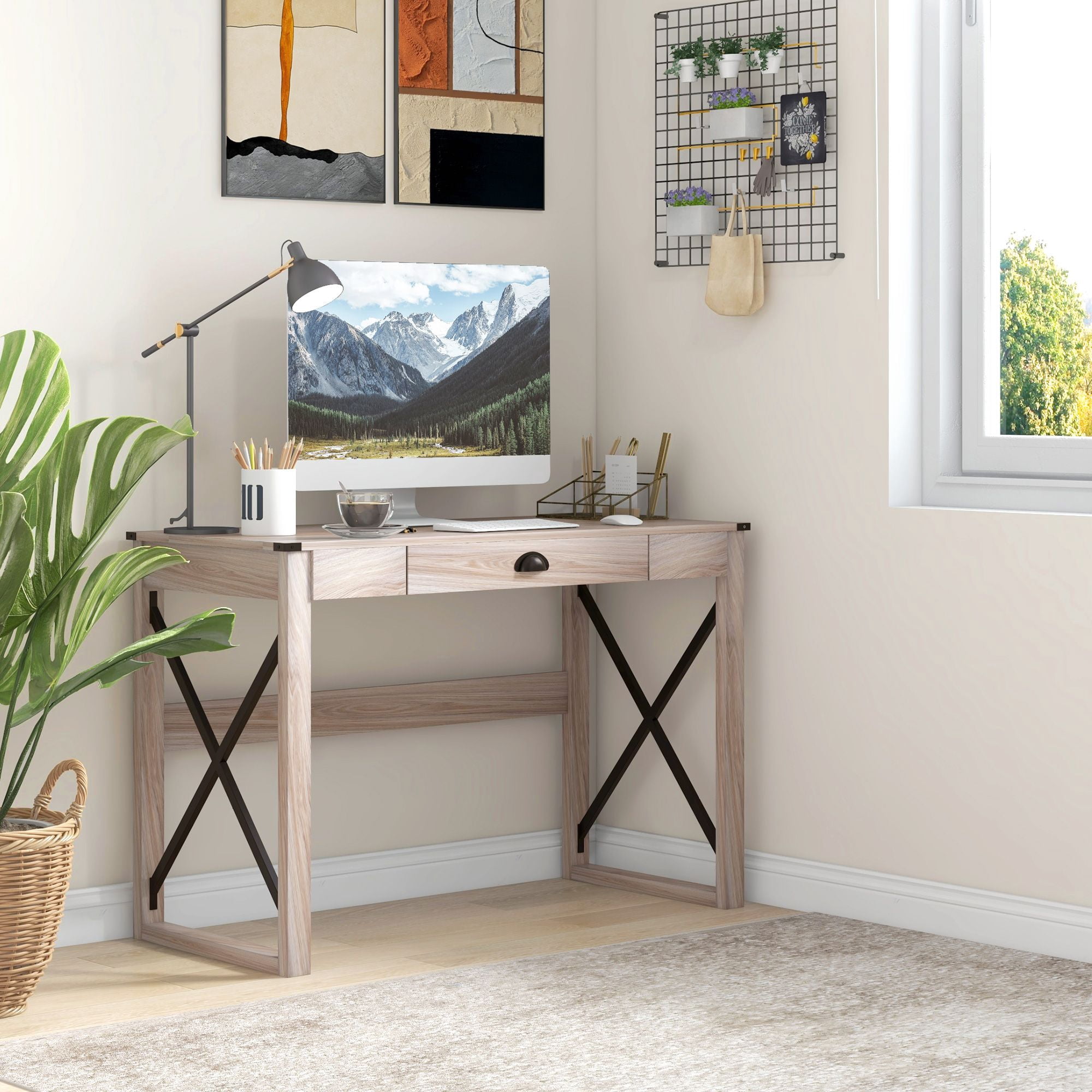 Washure Rustic Farmhouse Writing Computer Workstation with Drawer for Home Office Use