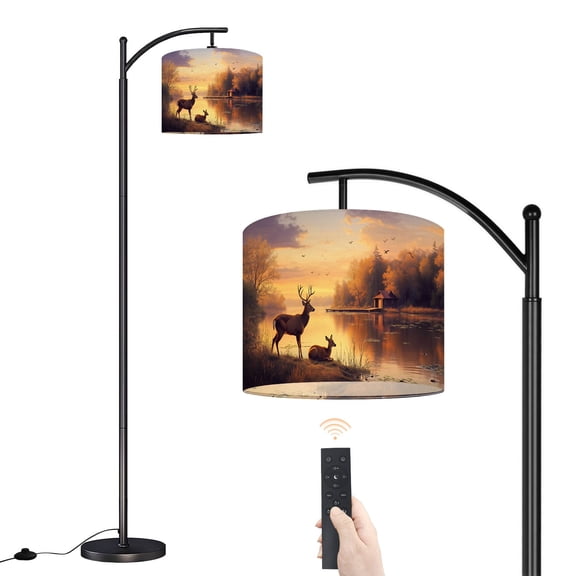 Arc Floor Lamp with Adjustable Lampshade Golden Rustic Animal Vintage Wildlife Deer Lake Forest Standing Lamp 3 Color Temperatures Dimmable Tall Pole Lamp with Foot Switch for Bedroom