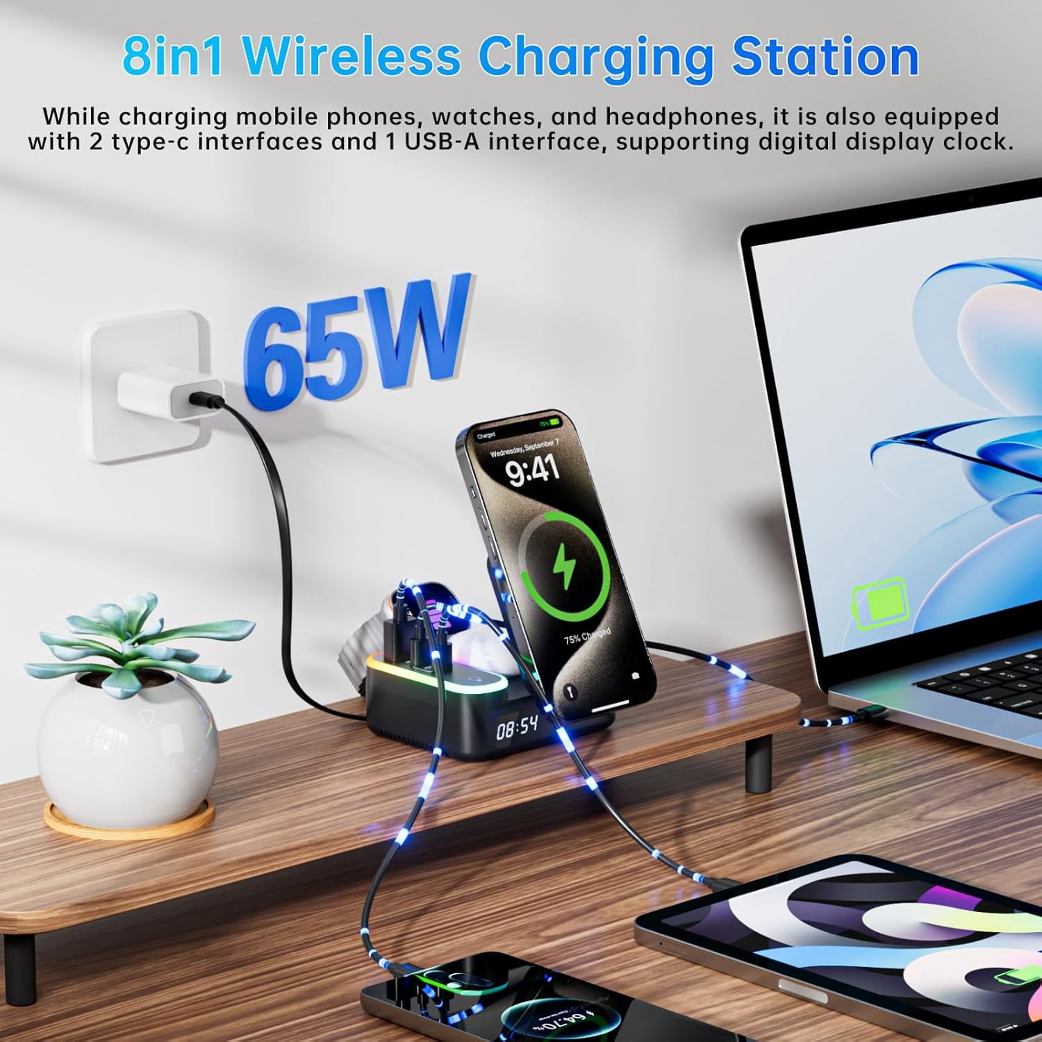 8-in-1 Wireless Charging Station,15W Magnetic Foldable Charger,65W Fast Charging Stand,Retractable Cable,LED Clock,USB-C/A Ports,Multi-Device Charging for i Phone,i Watch,Air pods,Mag Safe Compatible