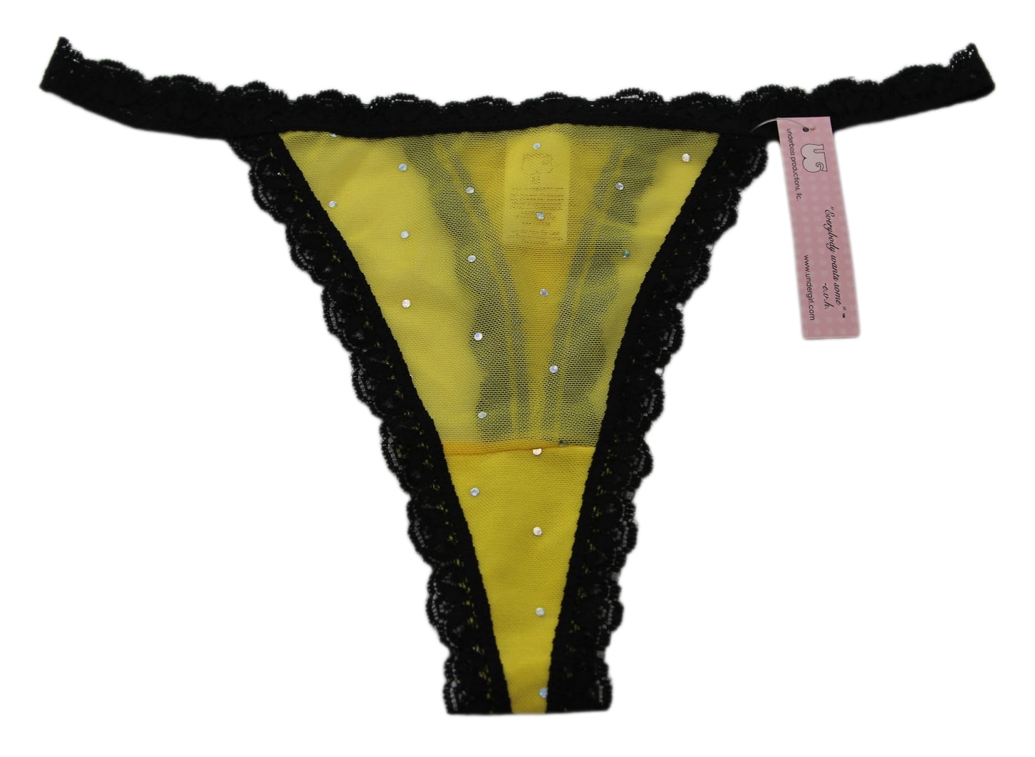 UNDERGIRL Women's Yellow / Black Sheer Rhinestone Lace Thong Panties Sz