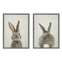 Kate and Laurel Sylvie Bunny Portrait and Tail on Linen Framed Canvas Wall Art Set by Amy Peterson Art Studio, 2 Piece 18x24 Gray, Decorative Animal Art for Wall