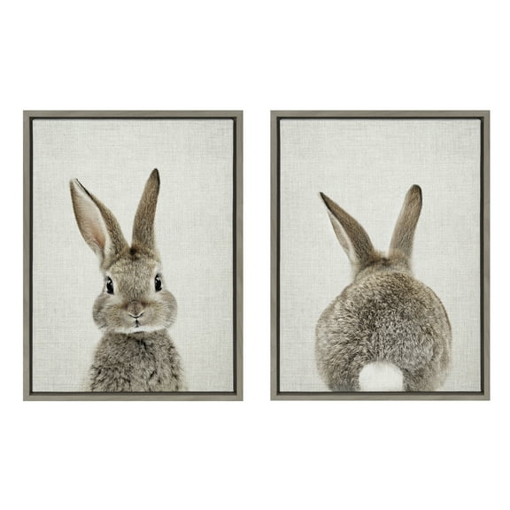 Kate and Laurel Sylvie Bunny Portrait and Tail on Linen Framed Canvas Wall Art Set by Amy Peterson Art Studio, 2 Piece 18x24 Gray, Decorative Animal Art for Wall