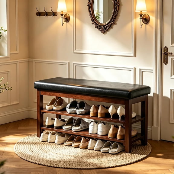40" Shoe Bench with Leather Cushion, Upholstered Entryway Bench, Black | Mid Century Modern Shoe Rack, Solid Wood Frame, 2-Tier for Hallway, Mudroom, Bedroom