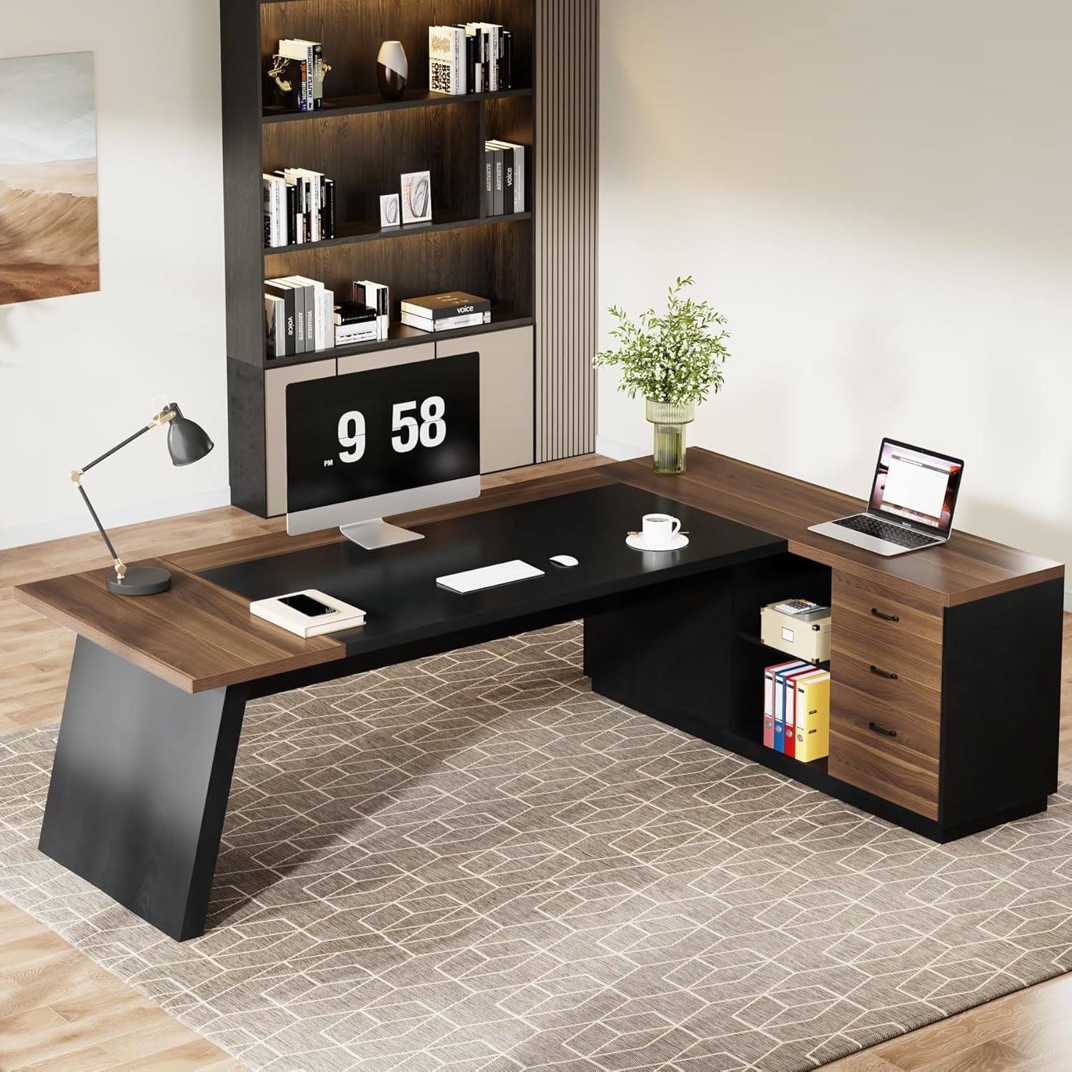 78" L-Shaped Executive Office Desk, Large Modern Computer Desk with Drawers and Lateral File Cabinet