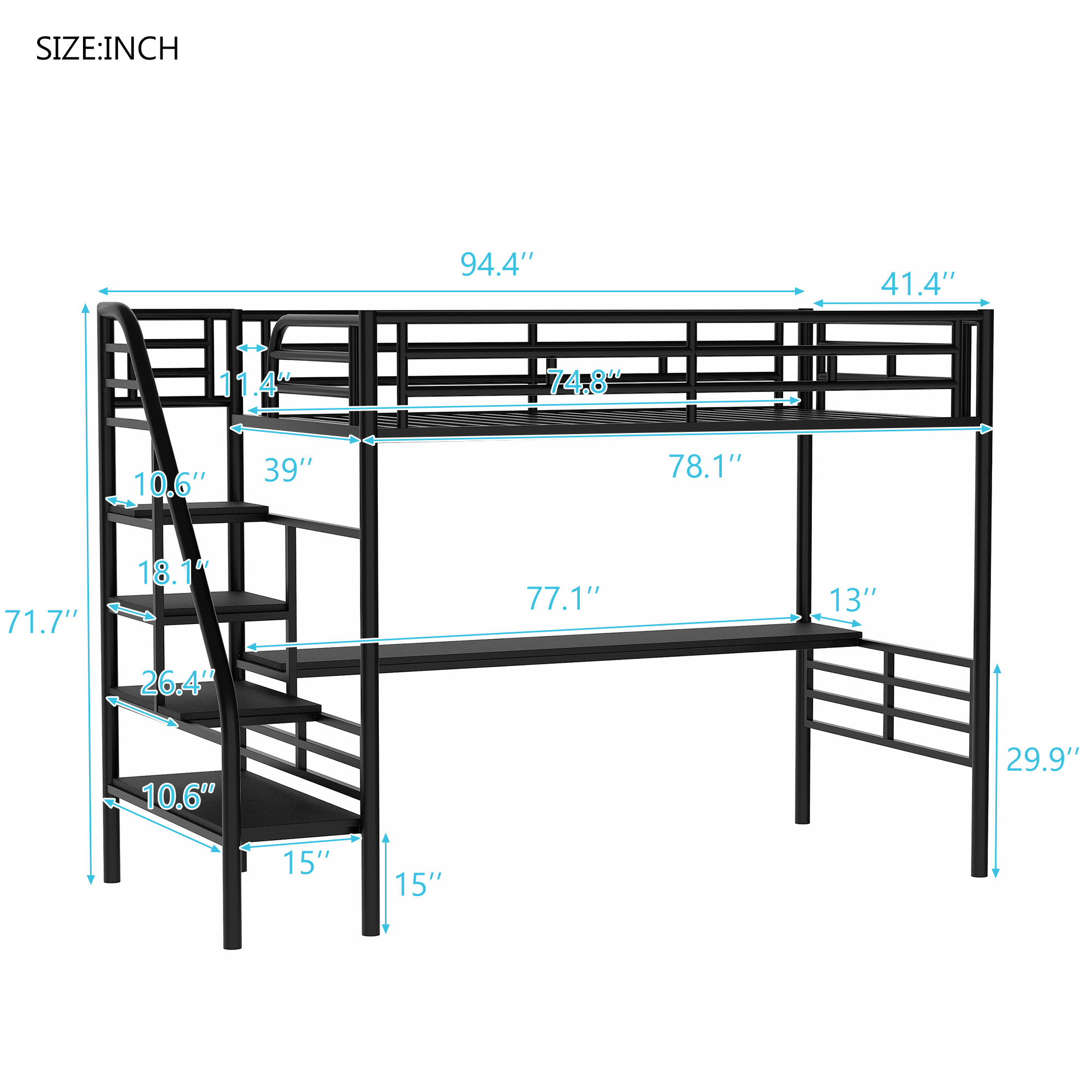 Metal Loft Bed, Twin Size Loft Bed Frame with Desk for Kids Teens Boys Girls, Noise Free Loft Bed with Stairs and Safety Guardrail for Bedroom, Space-Saving Design, No Box Spring Needed, Black - image 5 of 7