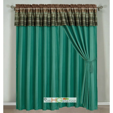 - 4-Pc Woodland Jacquard Striped Curtain Set Teal Brown Olive Bronze Taupe Valance Drape Liner