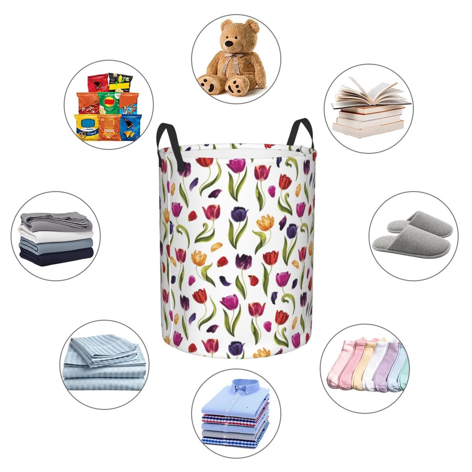 Large Laundry Basket with Handles - Tulips Flowers Purple Petal Kids Baby Dirty Clothes Laundry Hamper for Bedroom Aesthetic