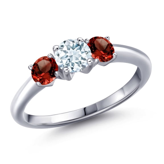 Gem Stone King 925 Sterling Silver Sky Blue Aquamarine and Red Garnet Engagement Ring for Women | 1.24 Cttw | Round 5MM | Gemstone March Birthstone | Size 9