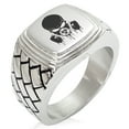 thumbnail image 1 of Stainless Steel Biohazard Skull Gas Mask Geometric Pattern Step-Down Biker Style Polished Ring, 1 of 1