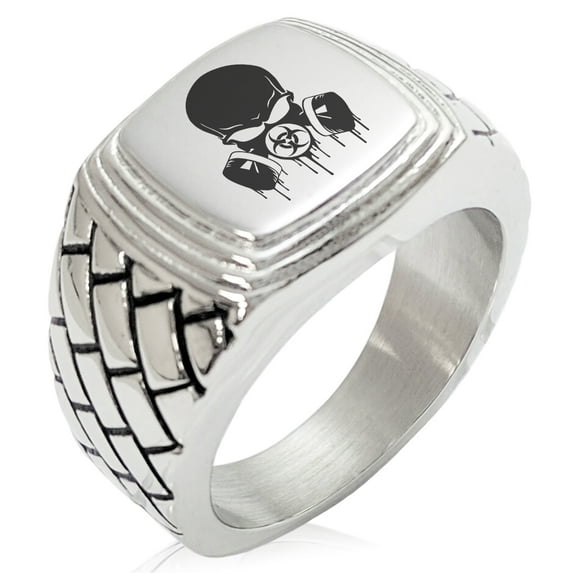 Stainless Steel Biohazard Skull Gas Mask Geometric Pattern Step-Down Biker Style Polished Ring