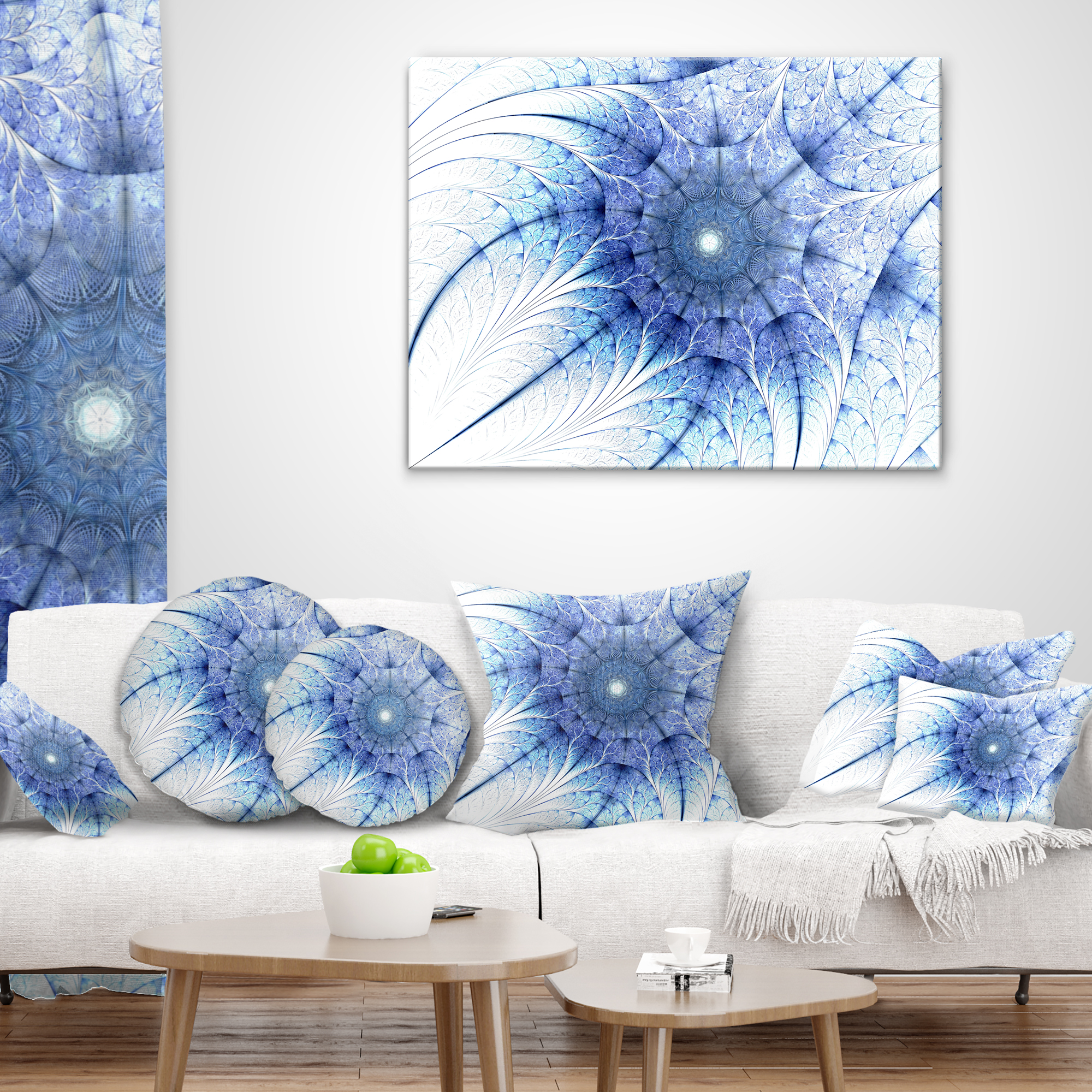 Designart Symmetrical Blue Fractal Flower on White - Abstract Throw Pillow - 16x16