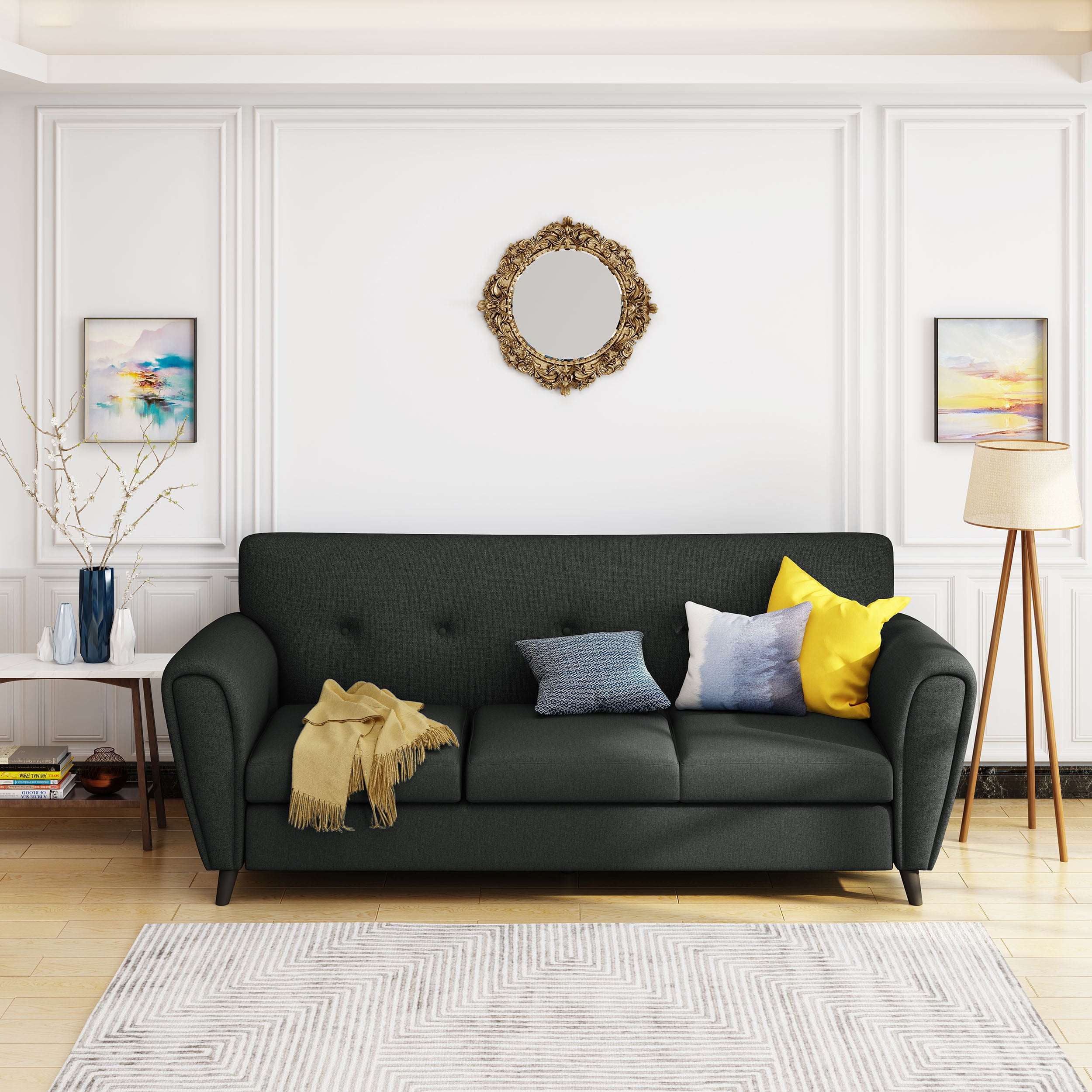 Le House Kyree Traditional 3 Seat Oned Fabric Sofa Navy Blue Dark Brown