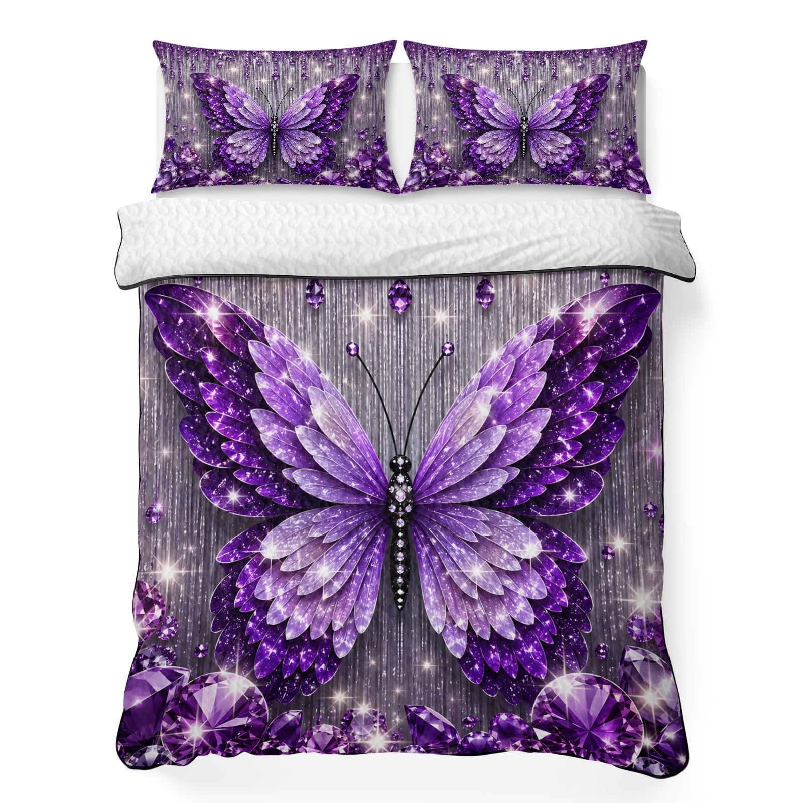 Twin XL Quilt Bedding Set Watercolor Purple Butterfly Summer Quilt Lightweight Quilted Coverlet with 2 Pillow Shams, Hanging Jewels Pattern 3-Piece Bedspread Quilts Set for All Season
