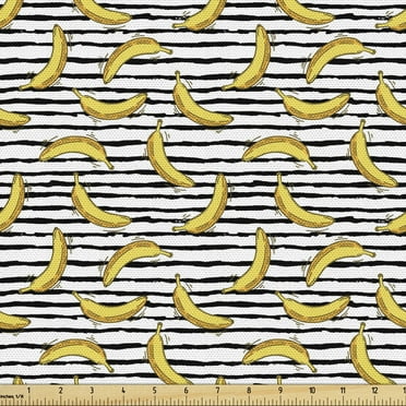 Hipster Fabric by the Yard, Hand Drawn Style Exotic Bananas on a Black White Striped Background, Upholstery Fabric for Dining Chairs Home Decor Accents, 5 Yards, Yellow Black White by Ambesonne