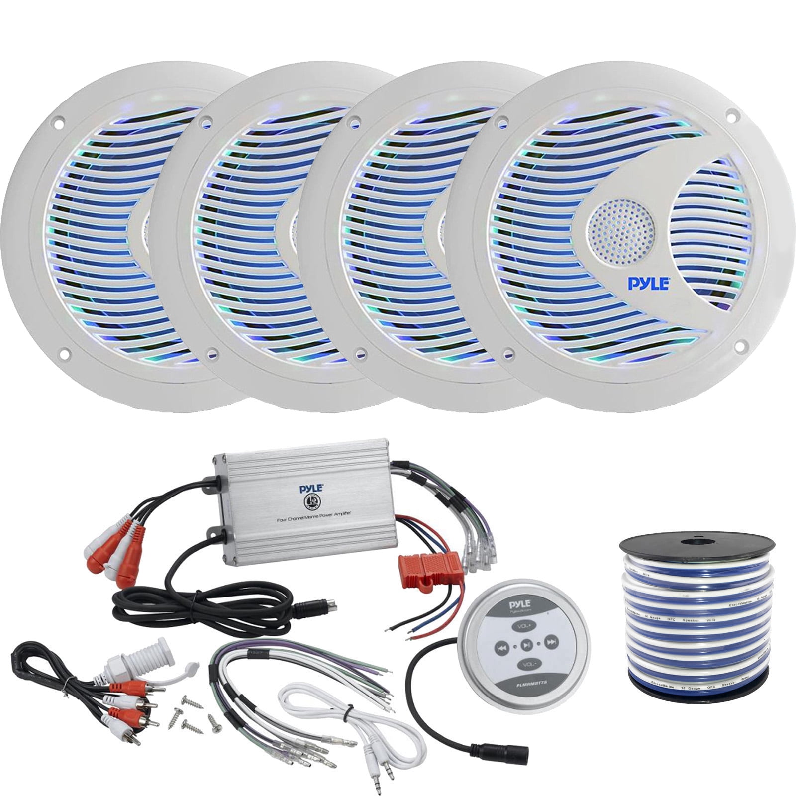 4 x Pyle 6.5'' Audio Marine Grade Dual 150W LED Speakers, Pyle