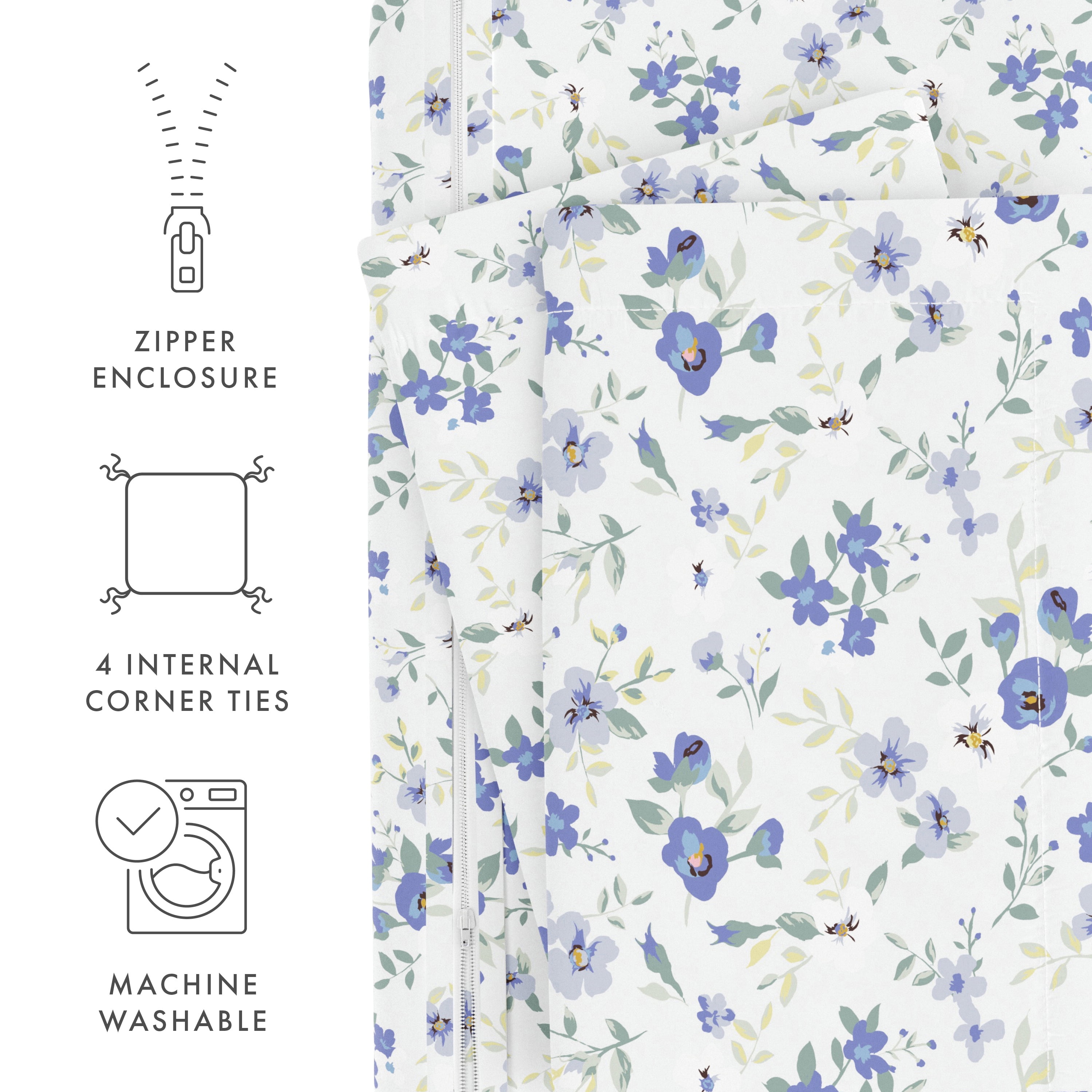 Noble Linens Light Blue Blossoms Print 2-Piece Duvet Cover Set, Twin/TwinXL