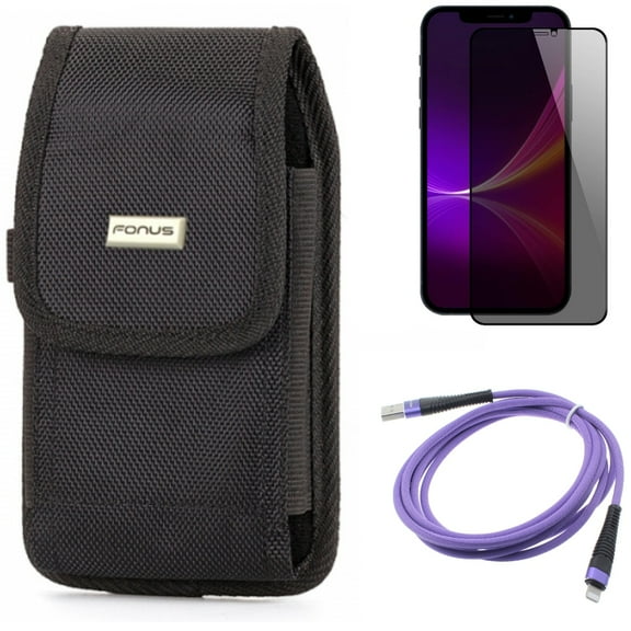 Case Belt Clip & Privacy Screen Protector & 6ft USB Cable for iPhone 13 Pro Max ONLY - Swivel Holster Rugged   Tempered Glass Curved Anti-Spy   Purple Charger Cord Power Combo