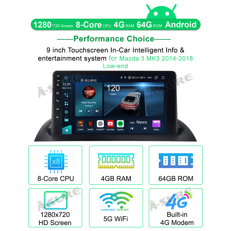 4+64GB Android 14 Car Radio Stereo for Mazda 3 2014-2018 Low-end