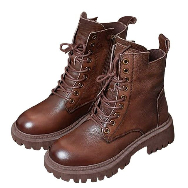 NOKIO Women’s Leather Ankle Boots Retro Motorcycle Riding Boots Platform Lo𝗐 Heel Lace-Up & Side Zipper Fashion Biker Booties