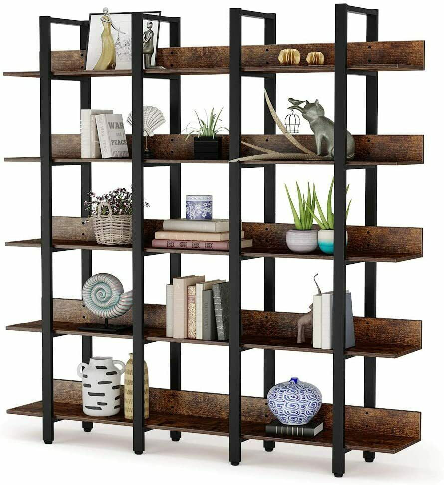 5-Tier Bookshelf Utility Shelving Unit Bookcase Storage Shelf Industrial Wood 