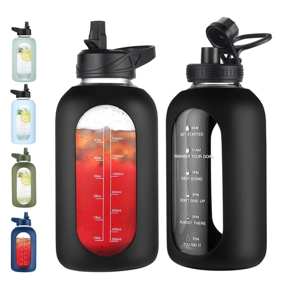 Botella de agua EALGRO de vidrio de 1,9 L con pajita y mango, color negro