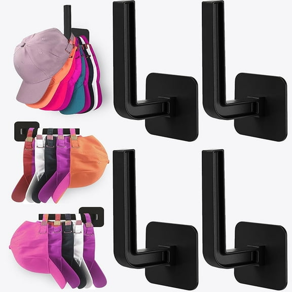 4-Pack Hat Rack for Hat Storage (Black), Multi-Purpose Hat Organizer, Strong Adhesive Hat Hooks for Wall Organizer for Baseball Caps, Two Mounting Options Hook