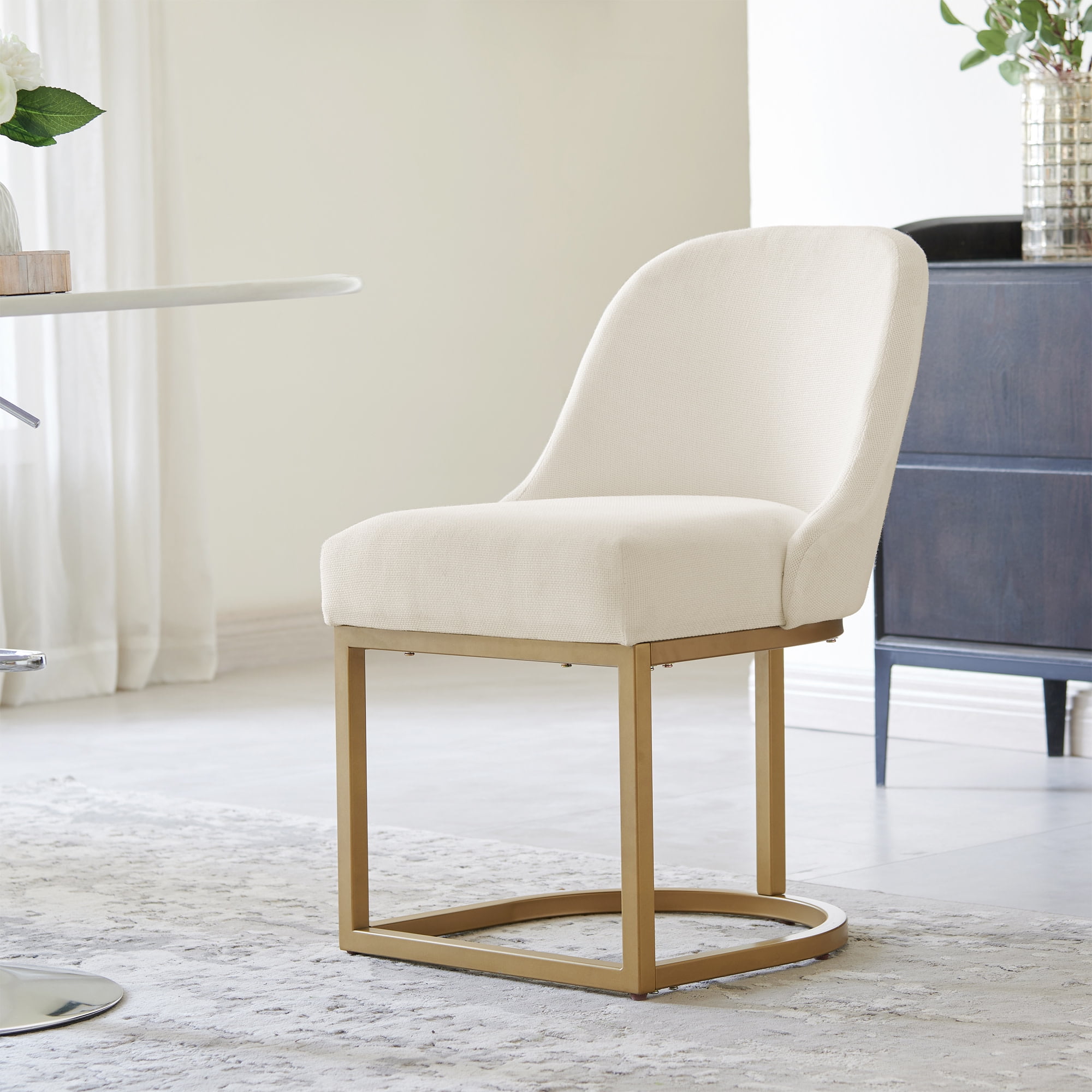Upholstered Barrelback Dining Chair with Gold Metal Base, Modern White Linen, Set of 2