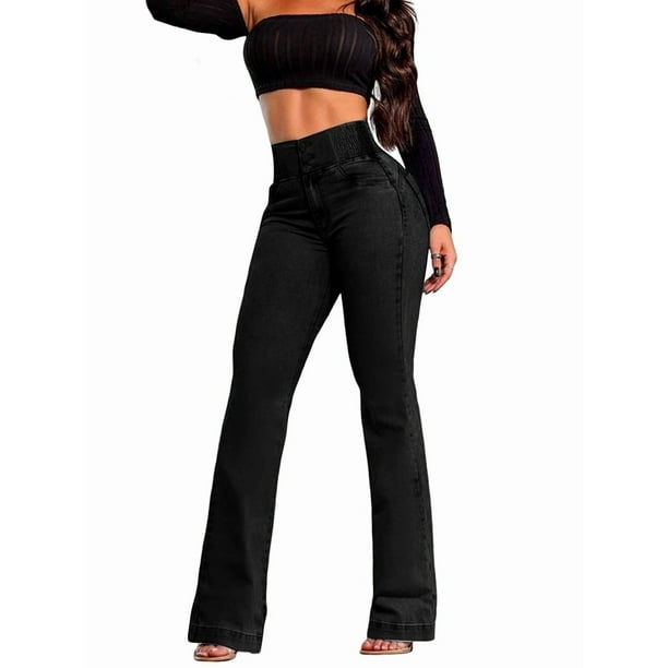 Pantalones Vaqueros de Cintura Alta para Mujer, Elásticos, de Corte Acampanado y con Cinturilla Elástica. Negro S