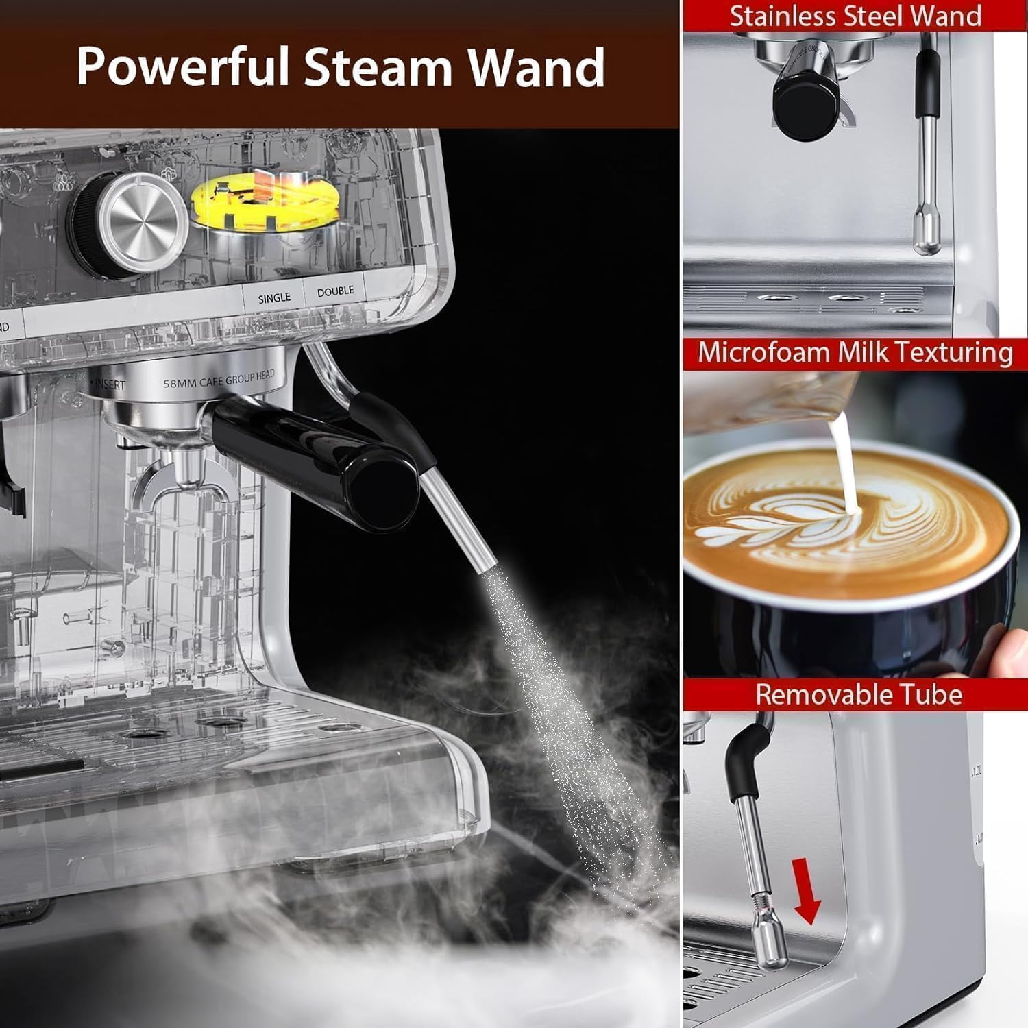 Ataucjin Espresso Machine with Grinder, Milk Frother Steam Wand, 95 oz Water Tank, 20 Bar Semi-Automatic Coffee Maker, Professional Coffee Maker, Espresso Coffee Machine for Home Office