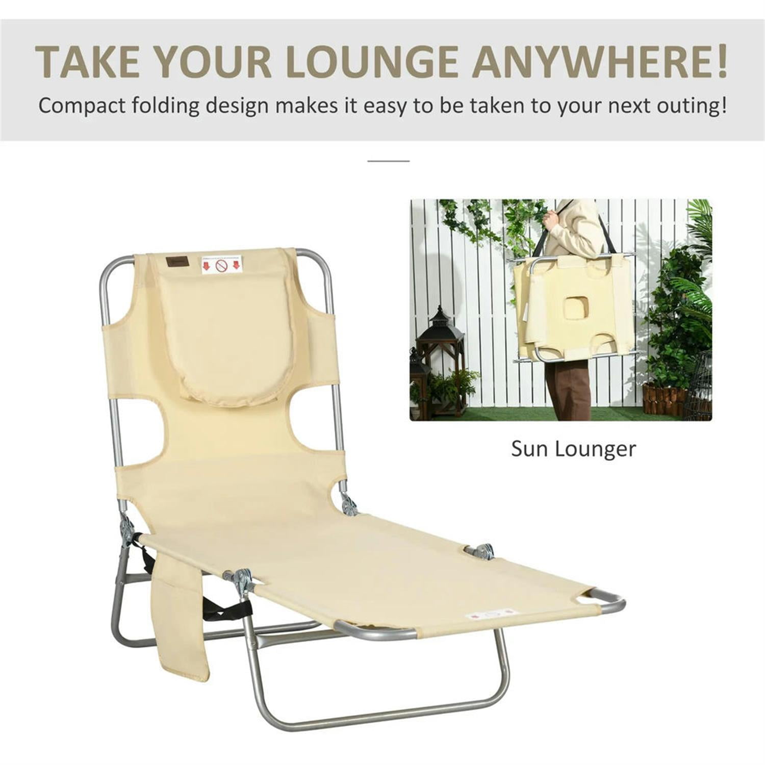 Demi Bonn Outdoor Folding Beach Lounger with Pillow, 5-Position Sun Tanning Chair, Face Hole for Beach, Yard, Patio, Beige