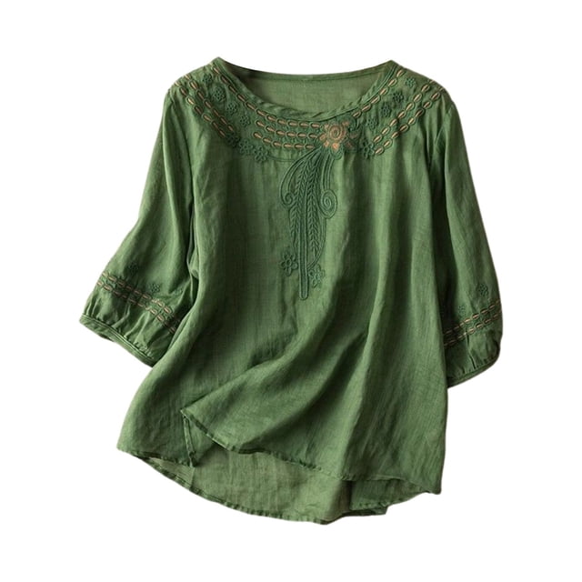 2025 Chemises Décontractées à Manches Longues Col Rond pour Femmes en Lin Col en V Chemises d'Été Broderie Ample T-Shirts à Manches Longues pour Femmes
