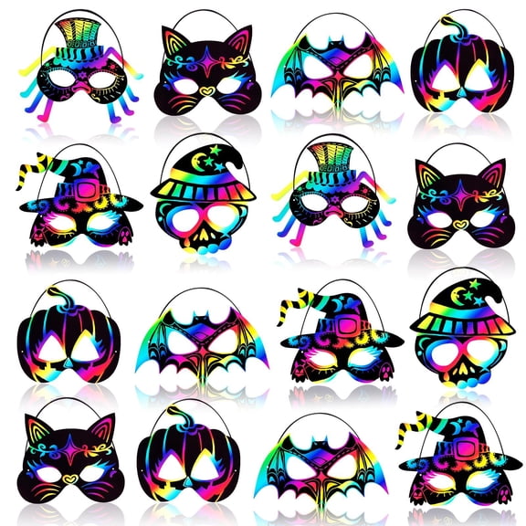48PCS Halloween Crafts Kit, Rainbow Scratch Art and Crafts Mask, Birthday Cosplay Classroom Decoration, Magic Scratch Paper Halloween Party Favors Supplies Bat Witch Pumpkin Zombie