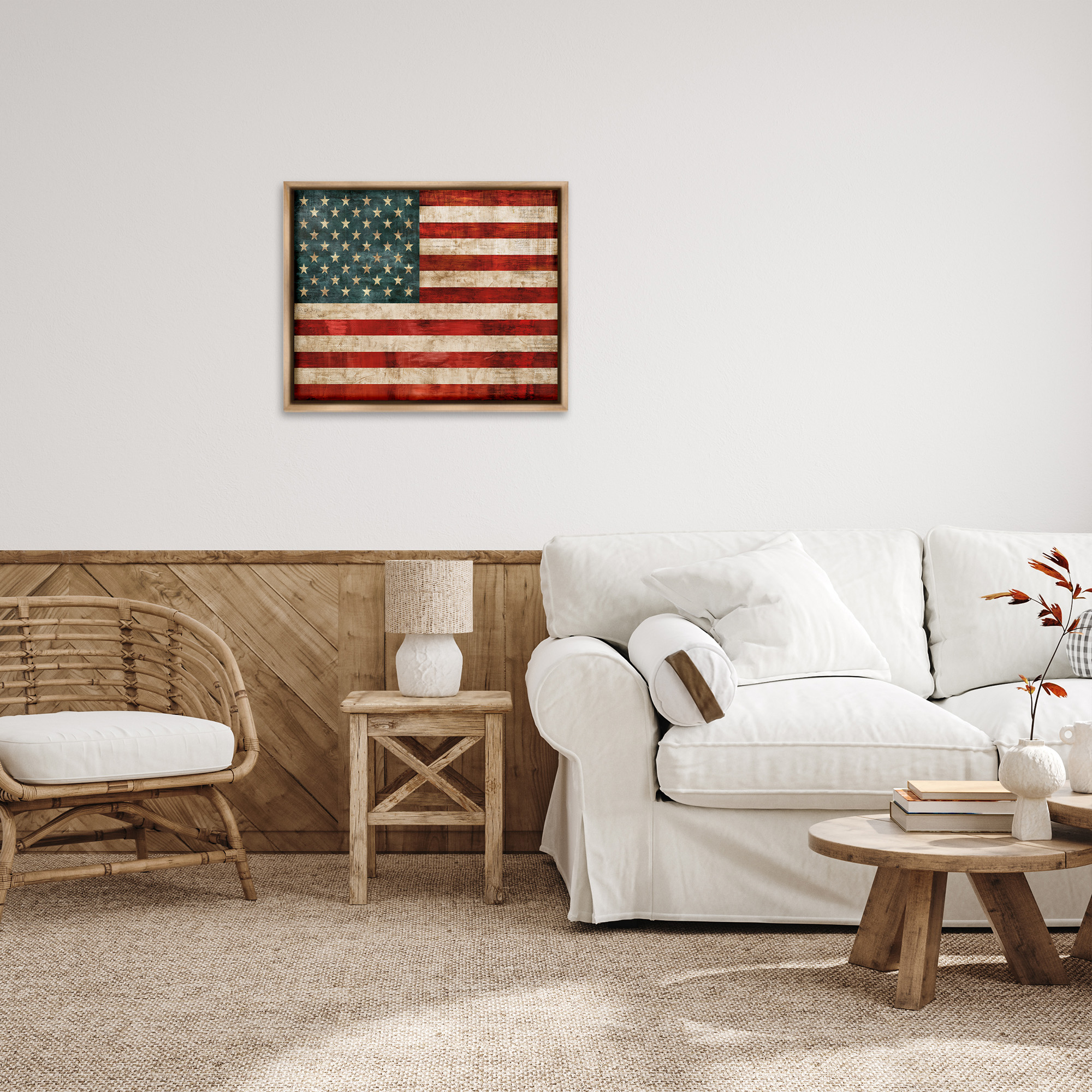 Stupell Industries US American Flag Rustic Pattern Town & City Painting Brown Floater Framed Canvas Art Print Wall Art, 31 x 25