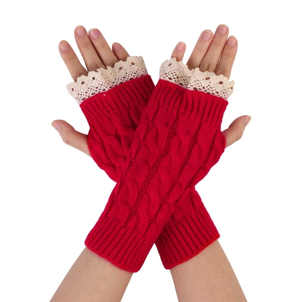 Guantes sin dedos de punto elástico con agujero para el pulgar de encaje rojo para mujeres Inspire Chic, talla única