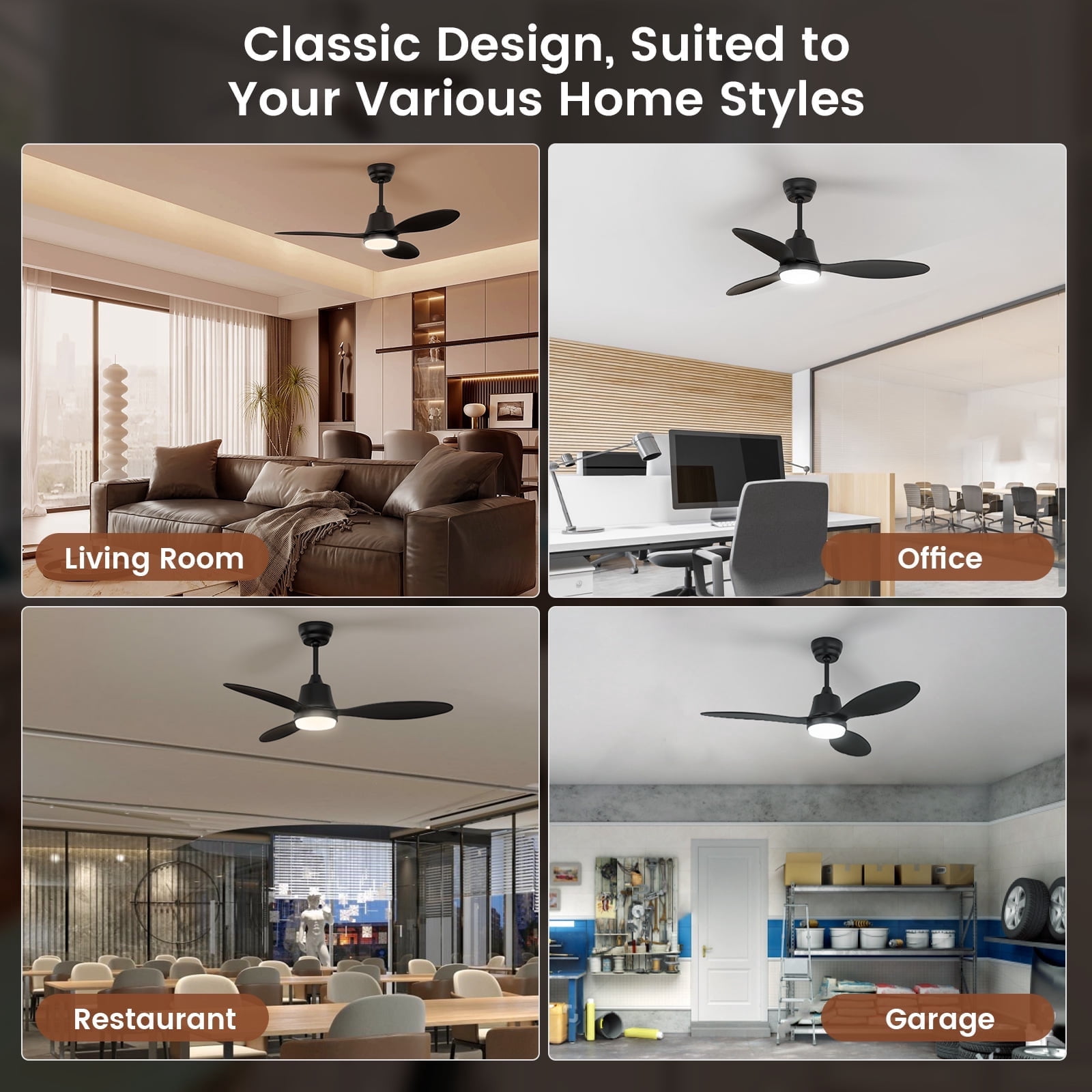 BLITZWILL Ceiling Fans with Lights and Remote & App Control,42 inch Modern Ceiling Fans,3 Reversible Blades Dimmable Noiseless, for Bedroom Kitchen Patio,Black