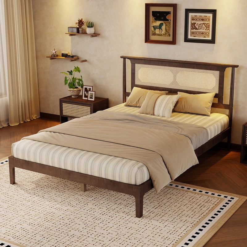 Queen Size Wooden Platform Bed with Rattan Headboard, Low-Profile Bed Frame with 8.6'' Under-Bed Storage