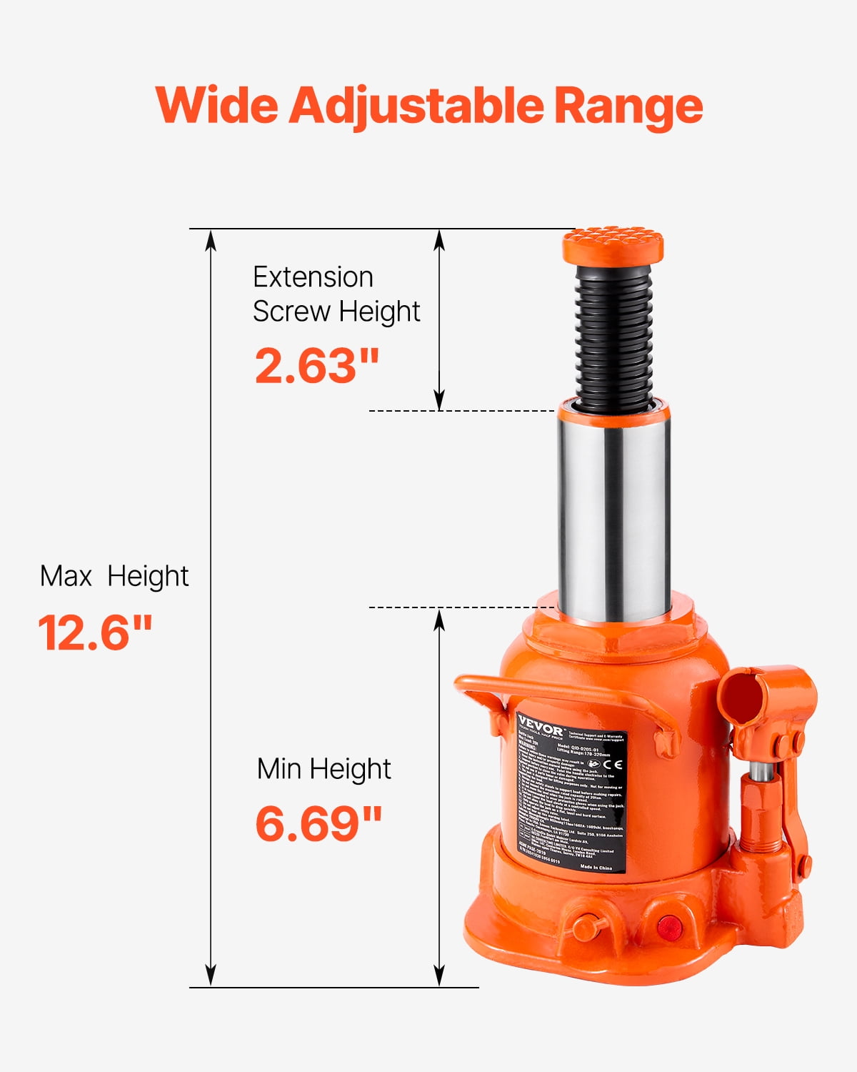 VEVOR Hydraulic Bottle Jack, 20 Ton/44092 lbs Welded Bottle Jack with 6.69''-12.6'' Lifting Range & 3-Section Long Handle